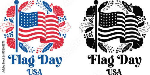 Usa flag day celebration with waving american flag and floral wreath waving flag