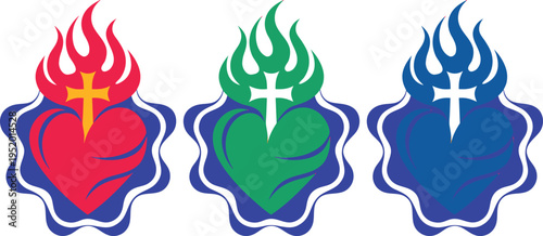 Sacred heart symbol with cross and flames traditional