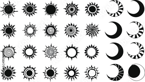 Hand drawn sun and moon celestial symbols in black