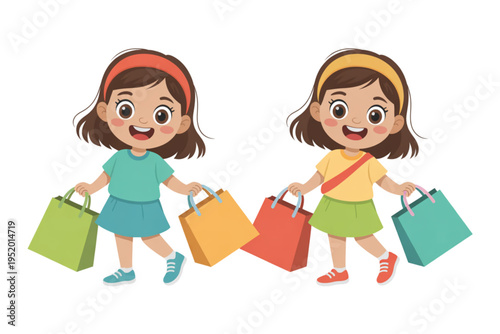 Two happy young girls carrying colorful shopping bags on transparent background
