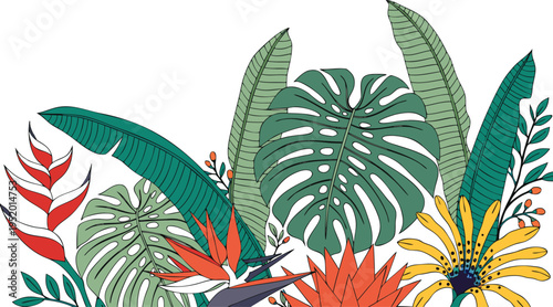 Tropical botanical with large monstera leaves and colorful flowers