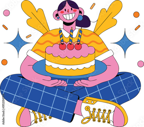 Person sitting with birthday cake and smile woman girl