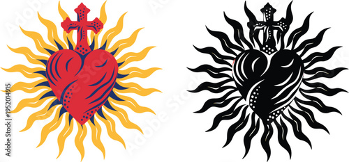 Sacred heart of jesus symbol with red heart and cross surrounded by yellow flames on white