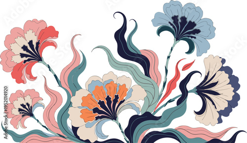 Colorful floral with blooming flowers and wavy stems