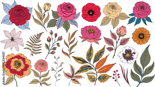 Colorful hand drawn botanical floral of roses and other flowers with leaves