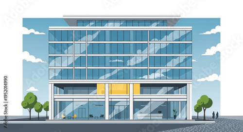 Modern Office Building with Glass Facade and Clean Lines.