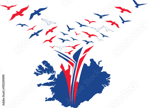 Icelandic republic day concept with birds flying out of map june 17