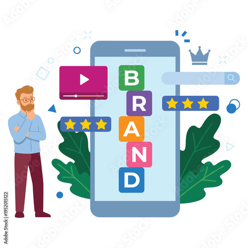 Man considers brand perception on phone screen with stars and video