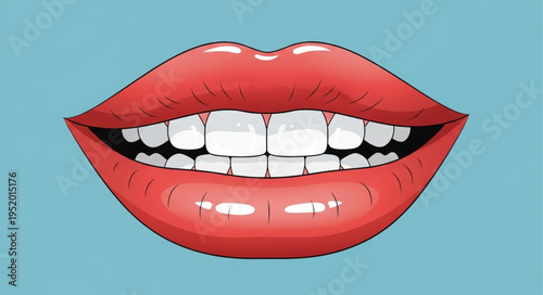 Illustration of a wide smile with bright red lips and white teeth.