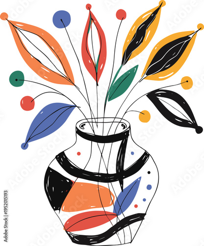 Hand drawn ceramic vase with colorful botanical stems and leaves