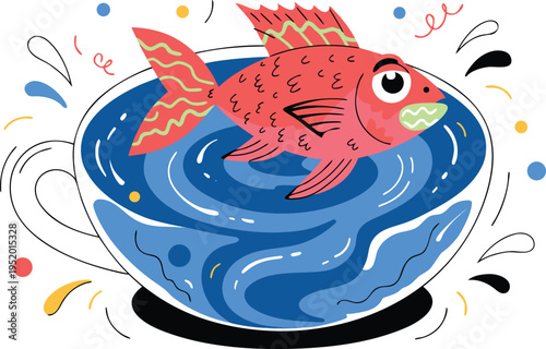 Colorful cartoon fish swimming in a teacup with confetti