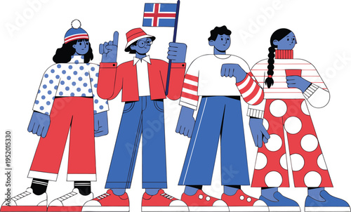 Billede på lærred Four people wearing icelandic flag colors standing together white