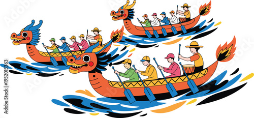 Colorful dragon boats racing on water with paddlers festival traditional chinese