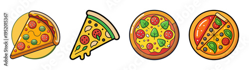 Delicious pizza slices and whole pizzas vector illustration for food lovers and pizza restaurants