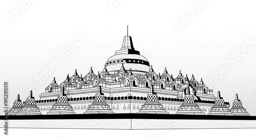Detailed Line Art Depiction of Borobudur Temple in Monochrome.