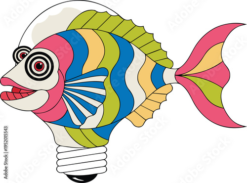 Colorful fish with striped pattern emerging from lightbulb surreal