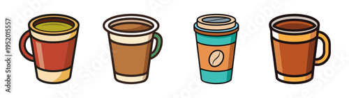 Insulated travel mugs vector illustration for hot and cold drinks coffee tea thermos bottles design