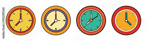 Colorful cartoon clock time illustration vector set for design elements and time management concept