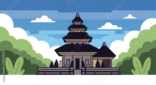 Traditional Javanese Architecture - A Detailed Illustration of a Multi-Tiered Building.
