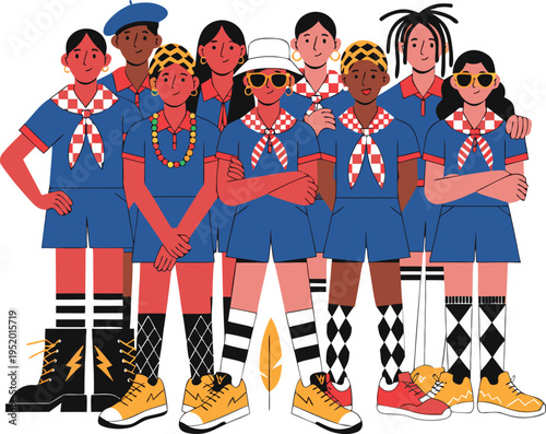 Diverse group of young people in blue scout uniforms and colorful shoes