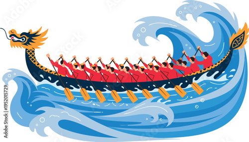 Dragon boat with rowers on blue waves red shirts yellow oars