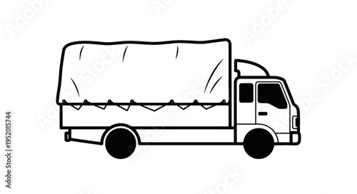 Illustration of a covered truck, side view, black and white.