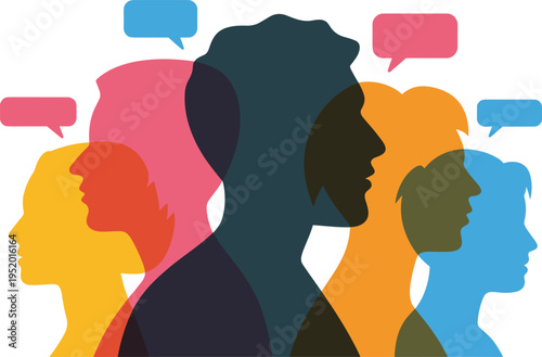 Diverse people communication concept with colorful human profiles and speech bubbles, social interaction dialogue teamwork community discussion vector illustration