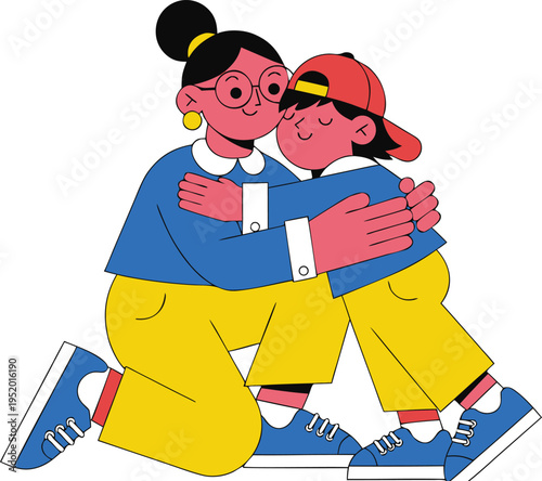 Smiling grandparent hugging grandchild in casual clothes affection family love