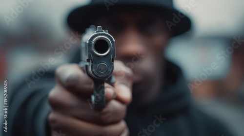 Hand gripping gun aims directly at the camera lens
