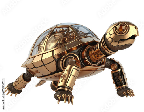 A futuristic robotic turtle with a metallic gold and black body on transparent background