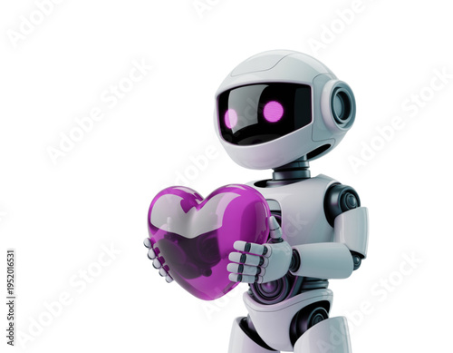 A cute robot holding a purple heart on transparent background