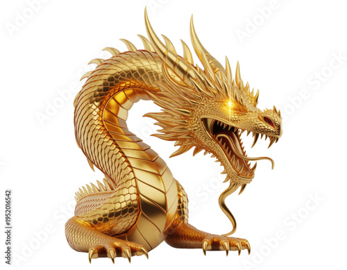 A golden dragon sculpture with sharp teeth and claws on transparent background