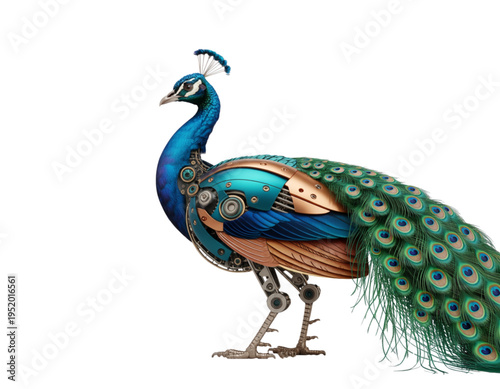 A steampunk peacock with mechanical legs and gears on its body standing on a transparent background