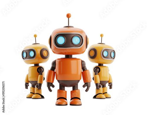 Three colorful robots standing together on transparent background