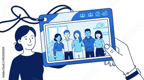 Team holding photo id badge with group picture on blue lanyard for professional workplace identification