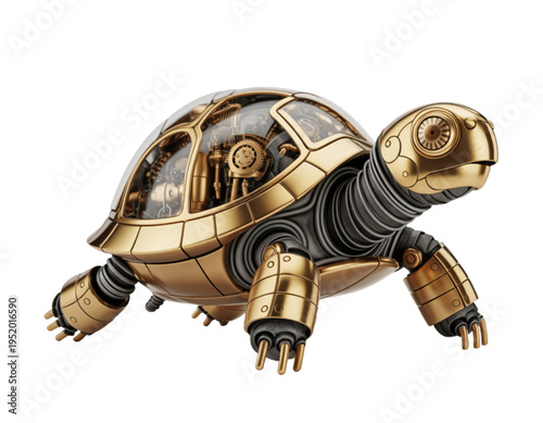 A steampunk-style robotic turtle with a metallic gold and black body on transparent background