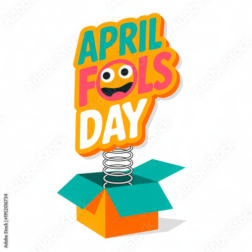 Illustration Celebrating April Fools' Day.Lettering quote April fools day springing out of box. jack in the box toy,Unique first april day slogan stylized typography.Funny card for party, social media