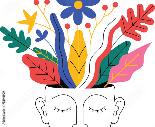 Surreal of human head with colorful plants growing out flowers leaves