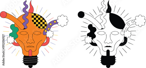 Surreal orange human head shaped like lightbulb with colorful smoke and patterns