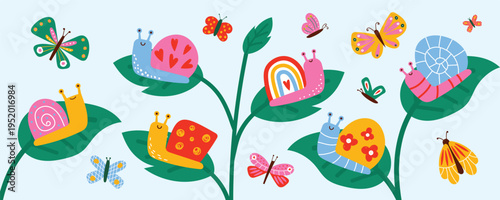 Cute snail and butterfly set. Colorful garden insects on leaves with decorative elements. Spring nature scene for kids design, nursery decor and cards. Vector illustration isolated on blue background.