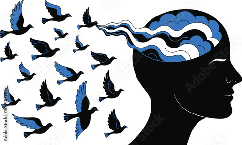 Black silhouette human head with blue and white brain waves releasing flying birds