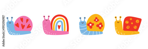 Cute snail set. Colorful snails with decorative shells. Simple garden animals for kids design, stickers, nursery decor and scrapbook. Vector illustration isolated on white background.