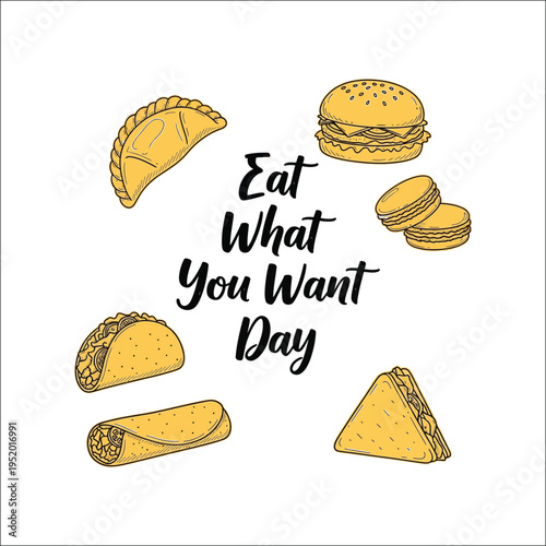 Eat What You Want Day hand drawn doodle illustration isolated