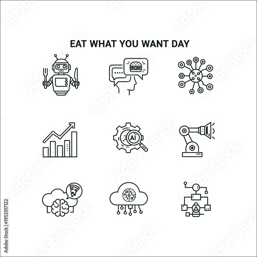 Eat What You Want Day AI meme icon set isolated