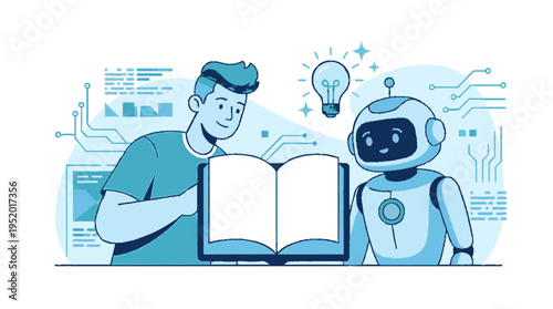 Human and robot collaborating while learning from an open book together in a modern flat design workspace