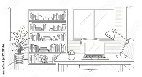 Sketch of a home office setup with desk, laptop, and bookshelf.