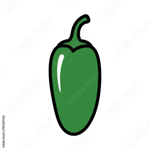 A simple, stylized illustration of a single green jalapeño pepper with a black outline and a white highlight.