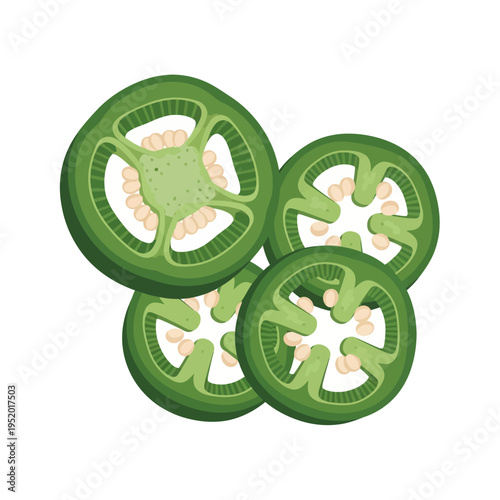 A close-up illustration of four sliced jalapeño peppers, showcasing their vibrant green color and internal seeds.