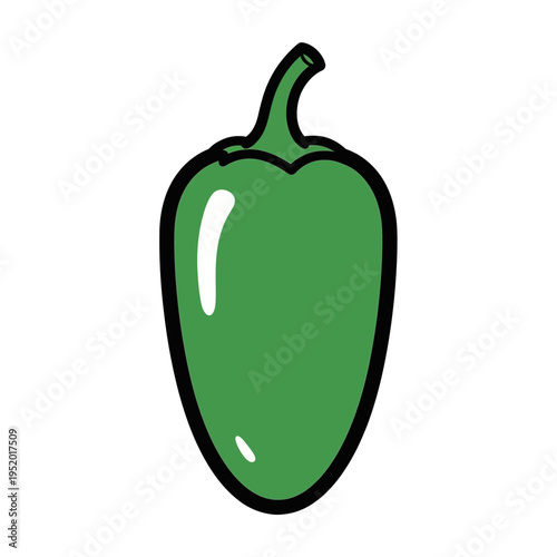 A simple, cartoon-style illustration of a single green jalapeño pepper with a glossy sheen and a black outline, set against a white background.