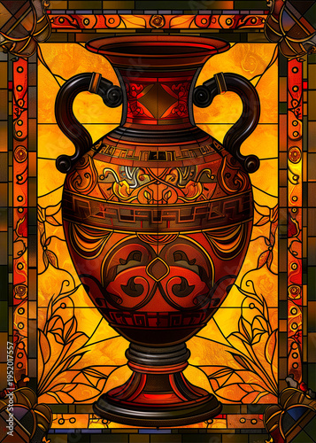 a stained glass window with an ornate vase and intricate designs on a yellow background with a borde